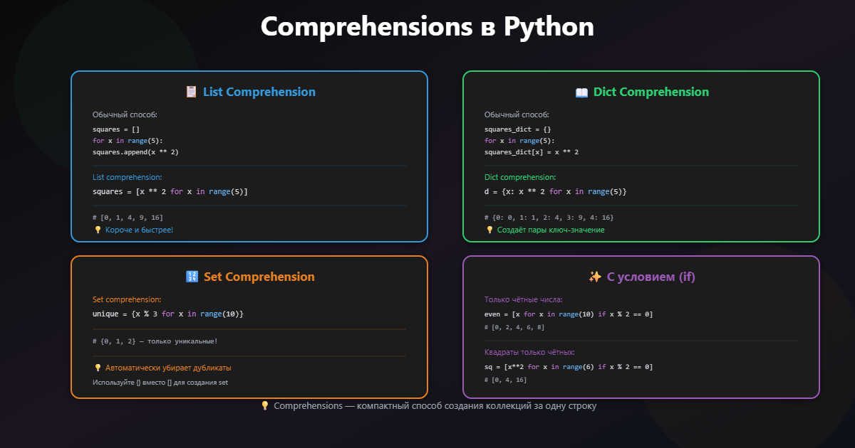 Как работают list comprehension, dict comprehension, set comprehension?
