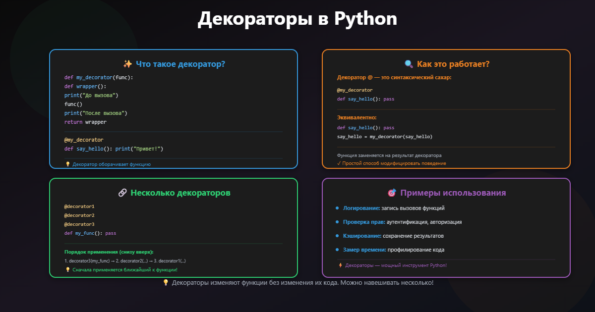 Как работают декораторы? Можно ли навешивать несколько декораторов на одну функцию?