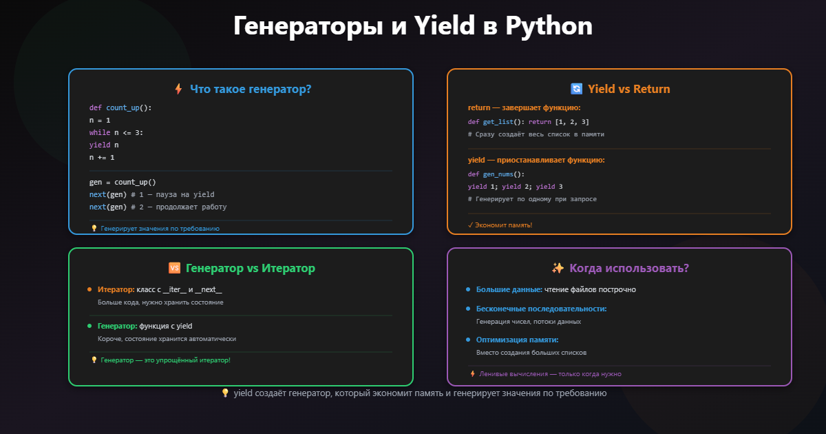 Что такое генераторы и yield? Чем они отличаются от итераторов?