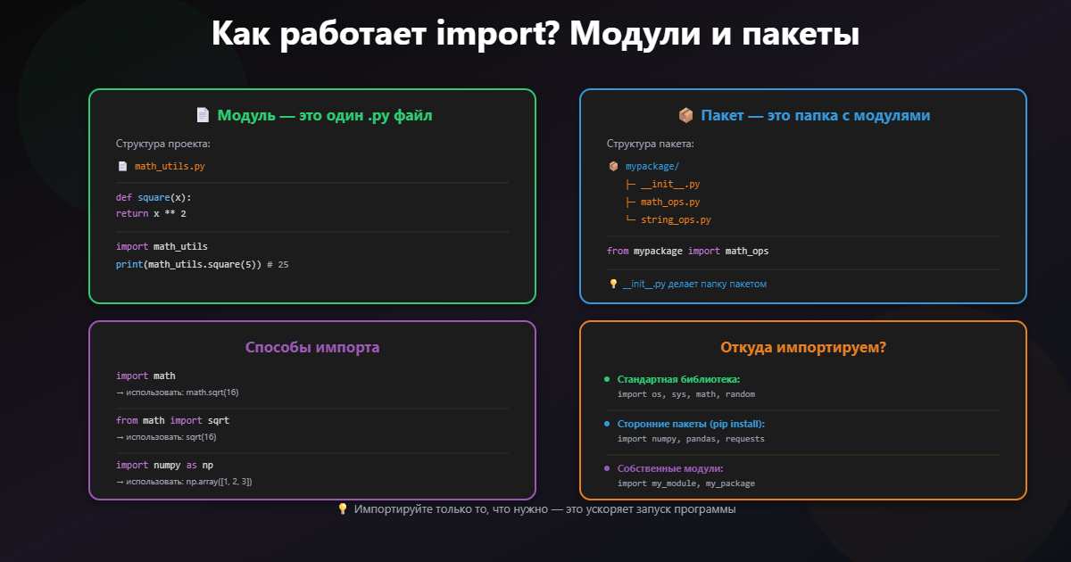 "Как работает import? Что такое модуль и пакет?"